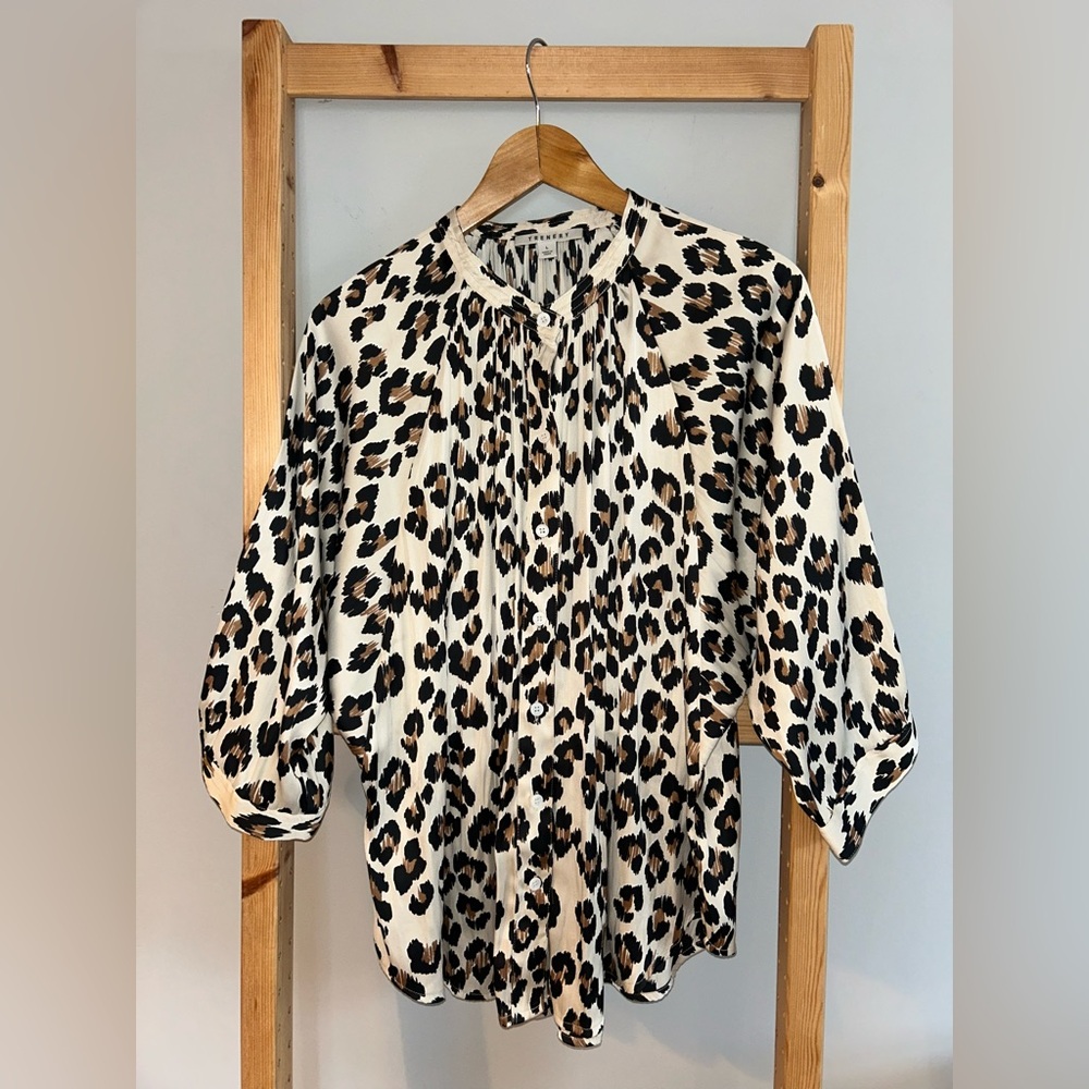 TRENERY Women’s Leopard Print 3/4 Sleeve Button Front Blouse Size L